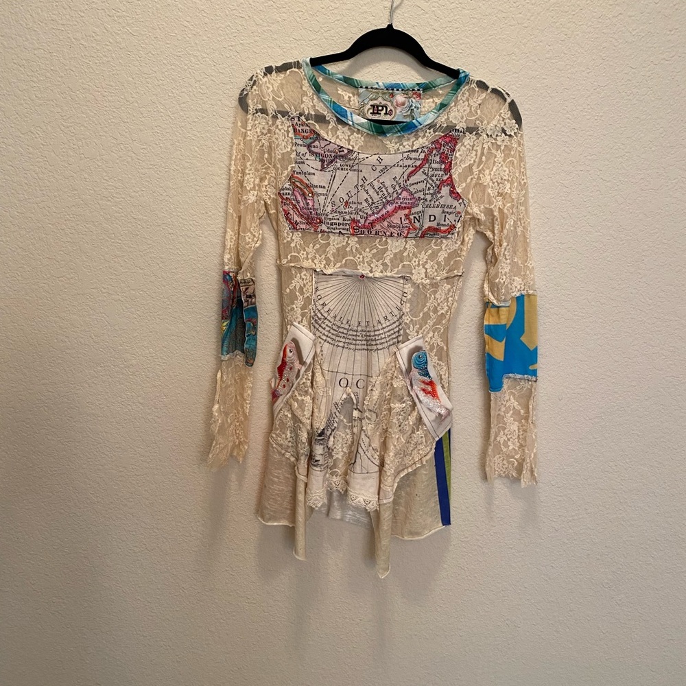 Artistic tunic top of lace, sequins, interesting fabrics